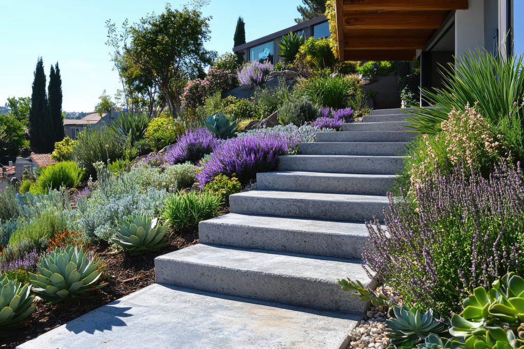 Beautifully designed concrete steps surrounded by lush landscaping.